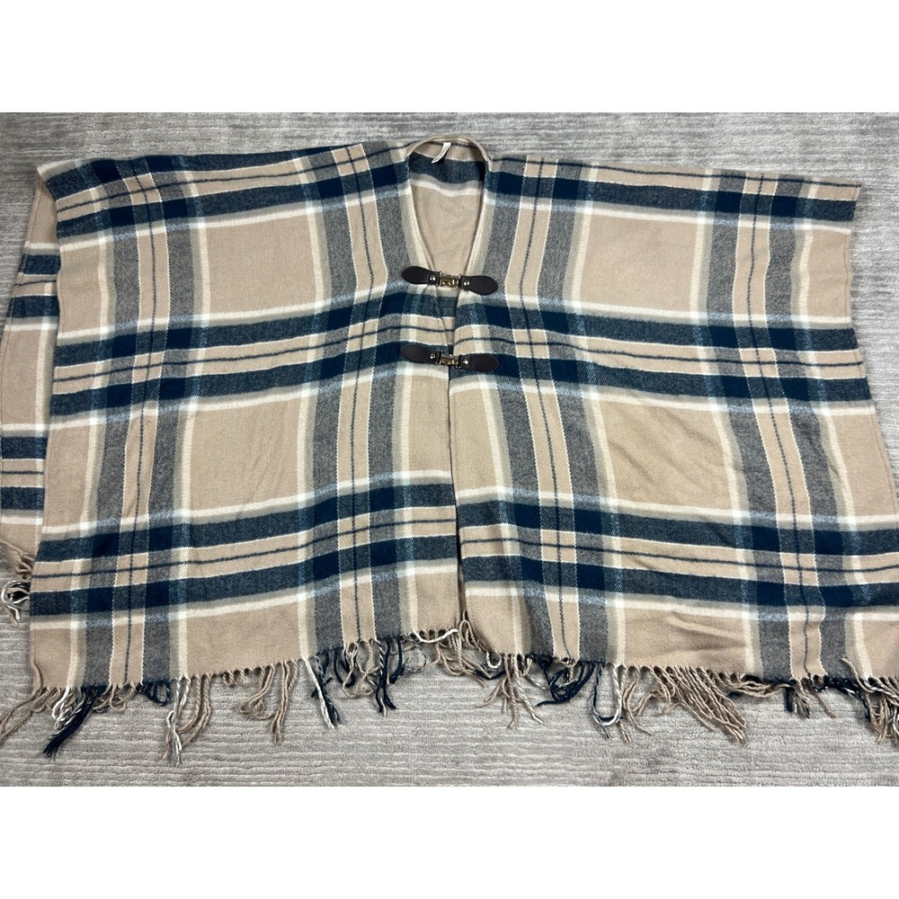C.C Poncho Womens OS Beige Plaid Toggle Wrap Fringe Acrylic Cape 27735